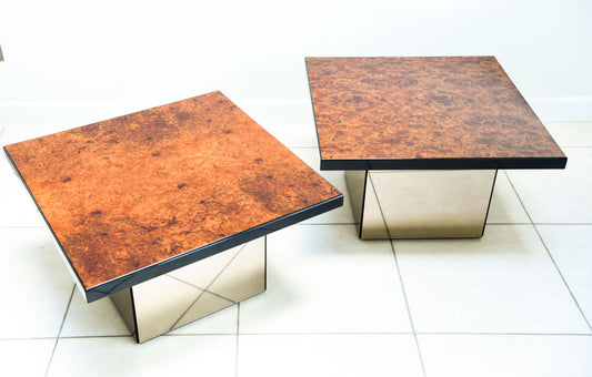 A pair of French Roche Bobois Burl Wood Coffee Tables By Paul Michel, 1970s