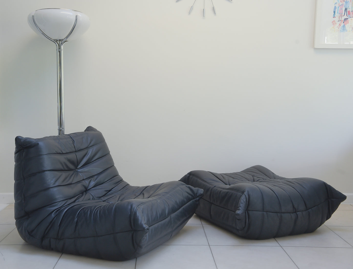 Vintage Leather Togo Chair And Footstool By Michel Ducaroy For Ligne Roset In Black Leather