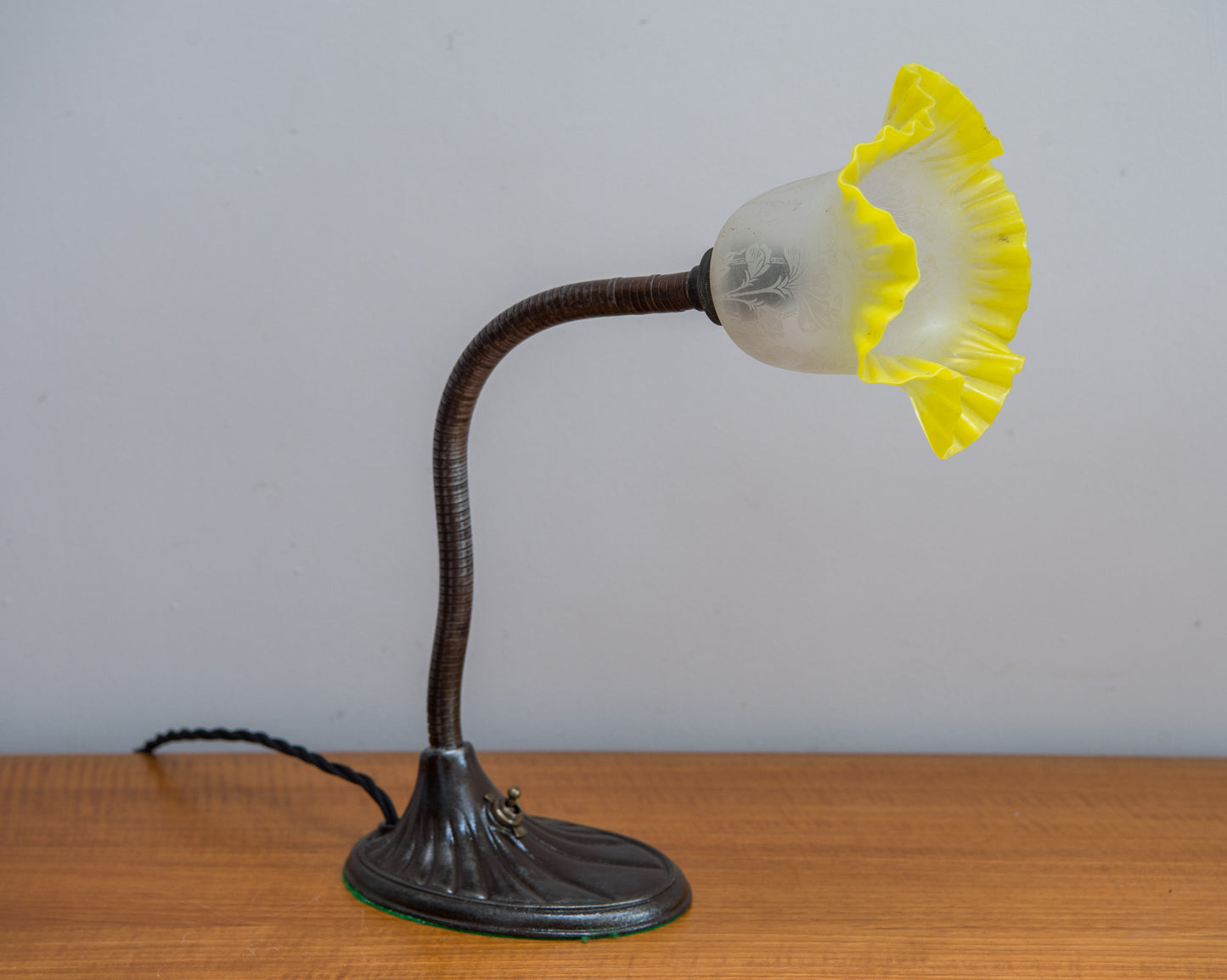 1920s Vintage Goose Neck Desk Lamp With Glass Shade.