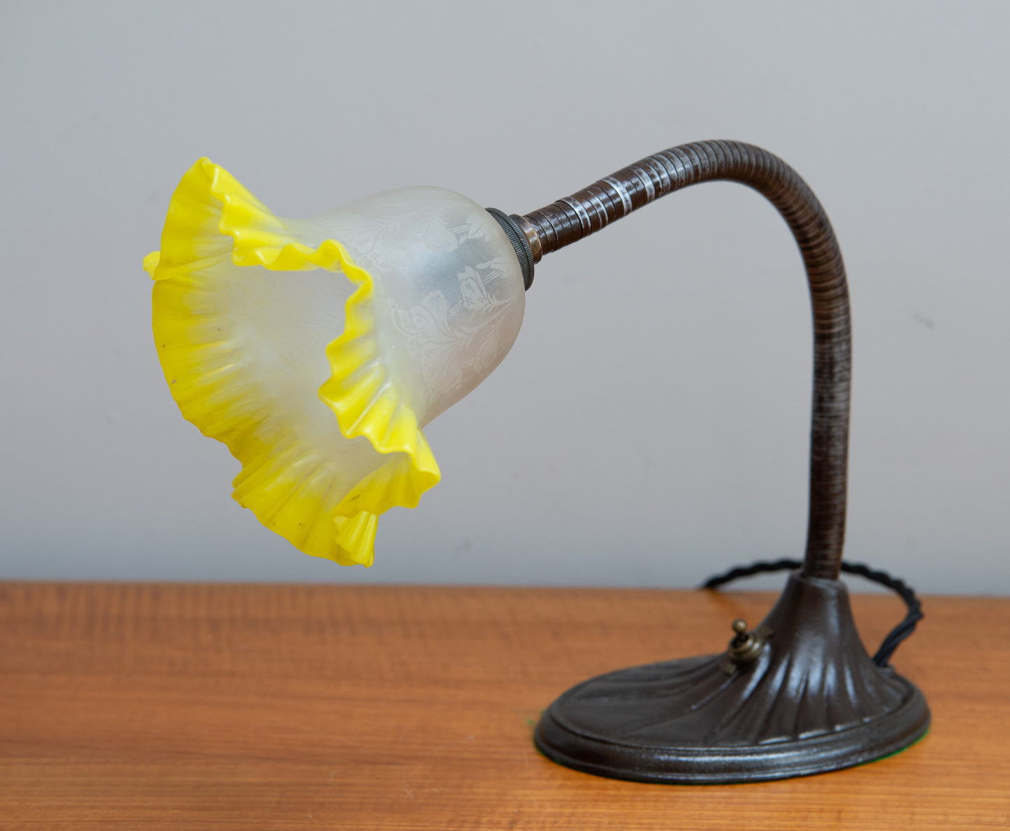 1920s Vintage Goose Neck Desk Lamp With Glass Shade.