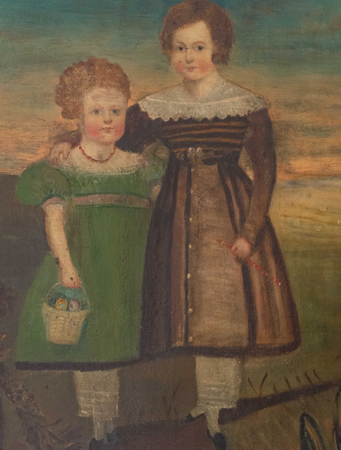 Large 19th century naive oil on canvas of two children standing in a landscape.