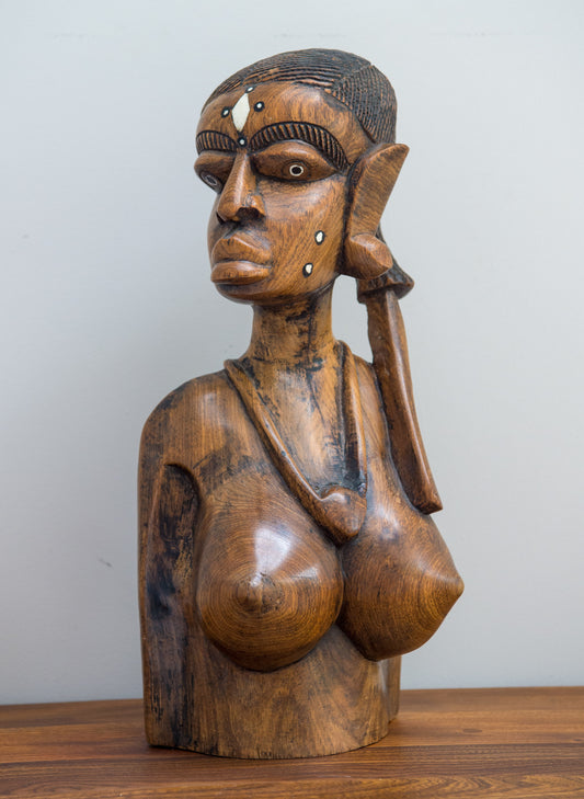 Mid Century Hand Carved African Bust Of A Female Tribal Warrior