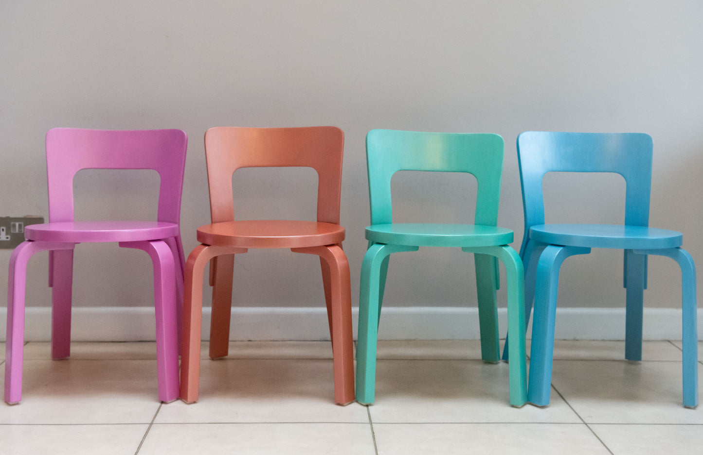 Alvar Aalto multi coloured Child’s Chairs 65n produced by Finmar. Finland