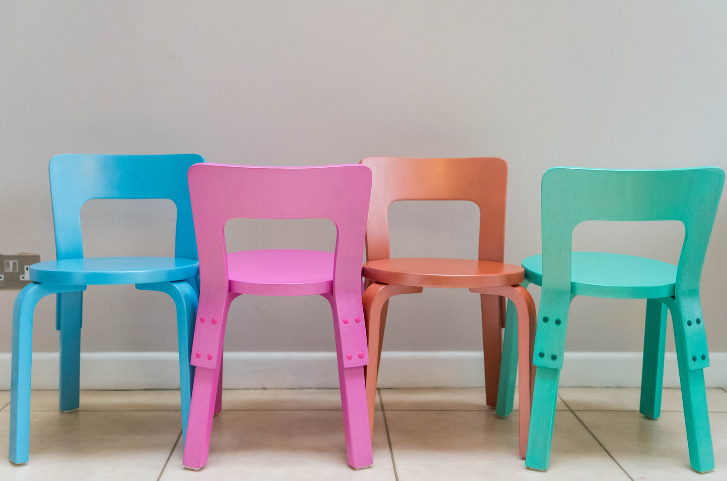 Alvar Aalto multi coloured Child’s Chairs 65n produced by Finmar. Finland