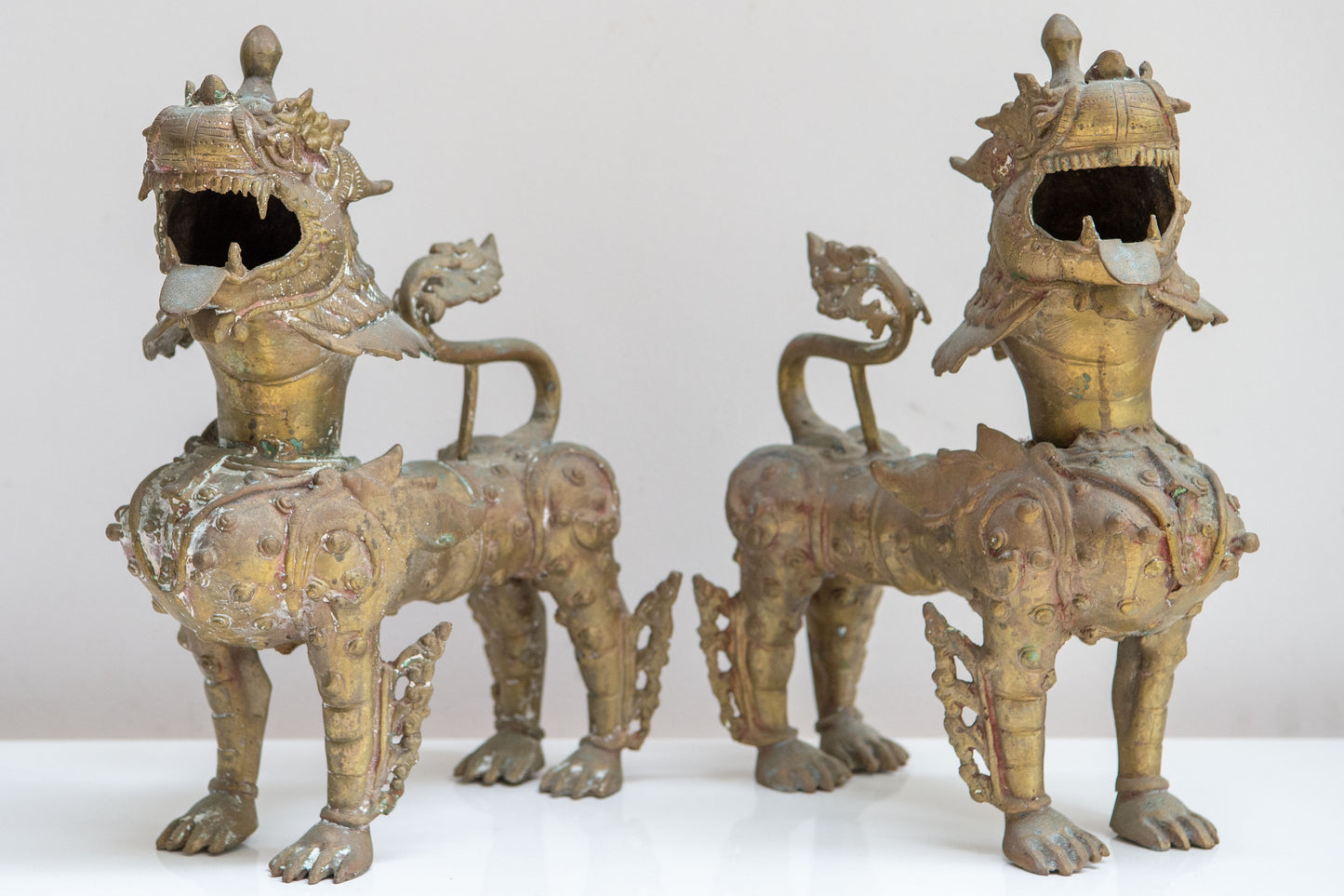 Antique Pair Brass Foo Dogs Asian Art Sculpture Exceptional And Superb Quality!!