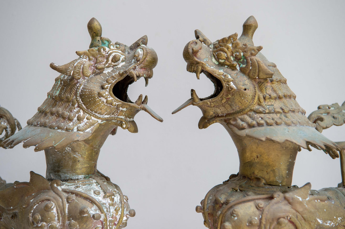 Antique Pair Brass Foo Dogs Asian Art Sculpture Exceptional And Superb Quality!!