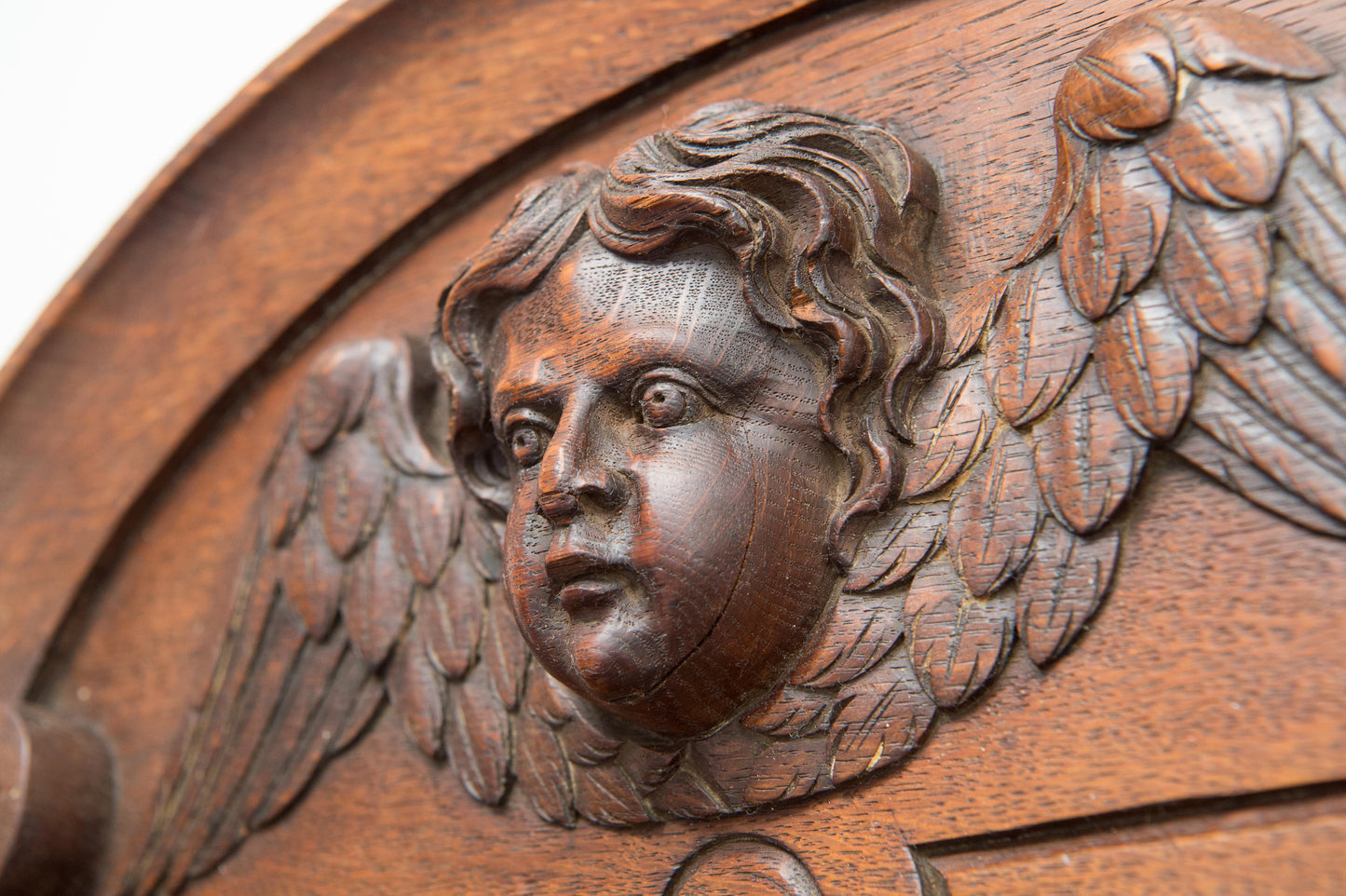 Wood Pediment Of A Winged Cherub Over Religious Carved Niche Hand Painted Panel