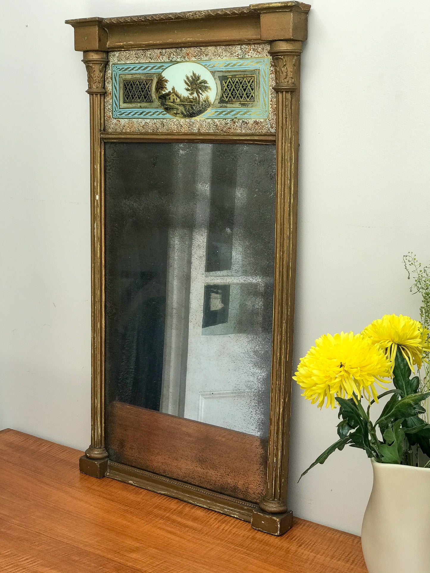 Antique Country House Early 19th Century Gilt Wood Pier Mirror With Eglomise Panel