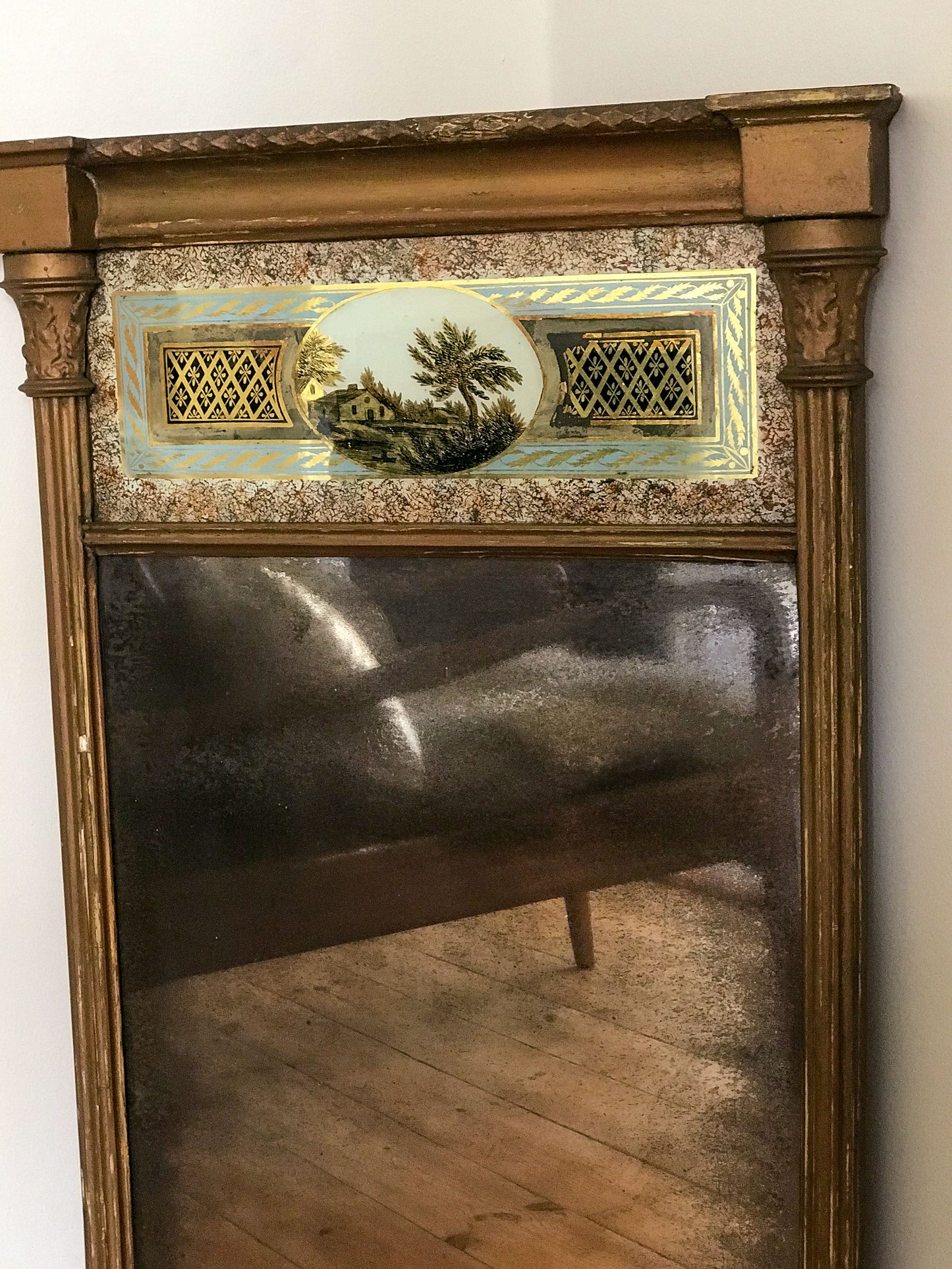 Antique Country House Early 19th Century Gilt Wood Pier Mirror With Eglomise Panel