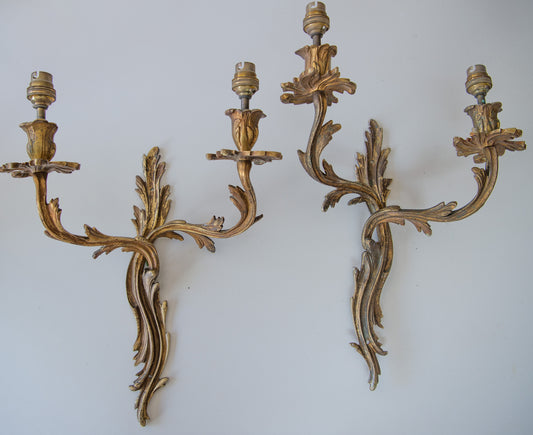 A Pair Of Rococo Style Twin Branch Cast Brass Wall Lights,English,Mid 20th Century.