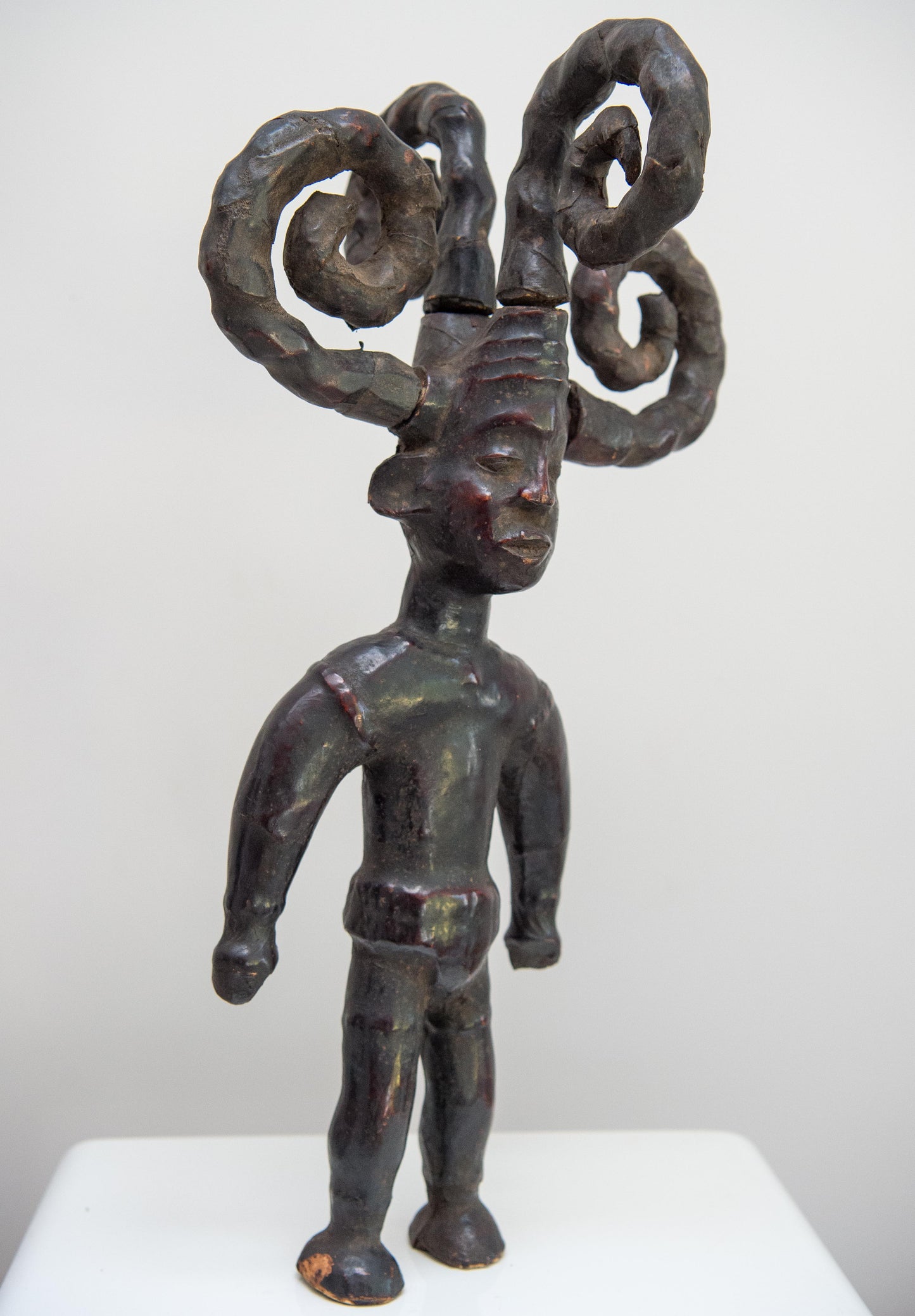 Antique Ekoi Skin Covered Standing Male Figure 4 Socketed Coiled Braids, Superb Decor Piece.