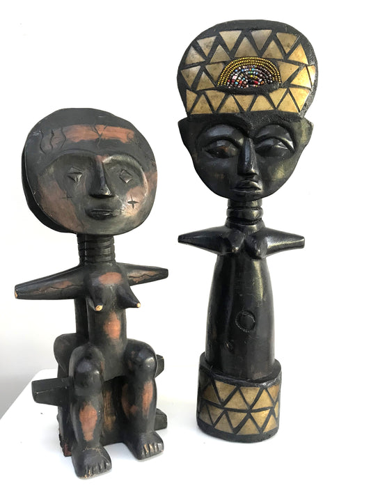 20th century Tribal Art Figures.TWO AFRICAN CARVED WOOD ASHANTI DOLLS & JANUS .