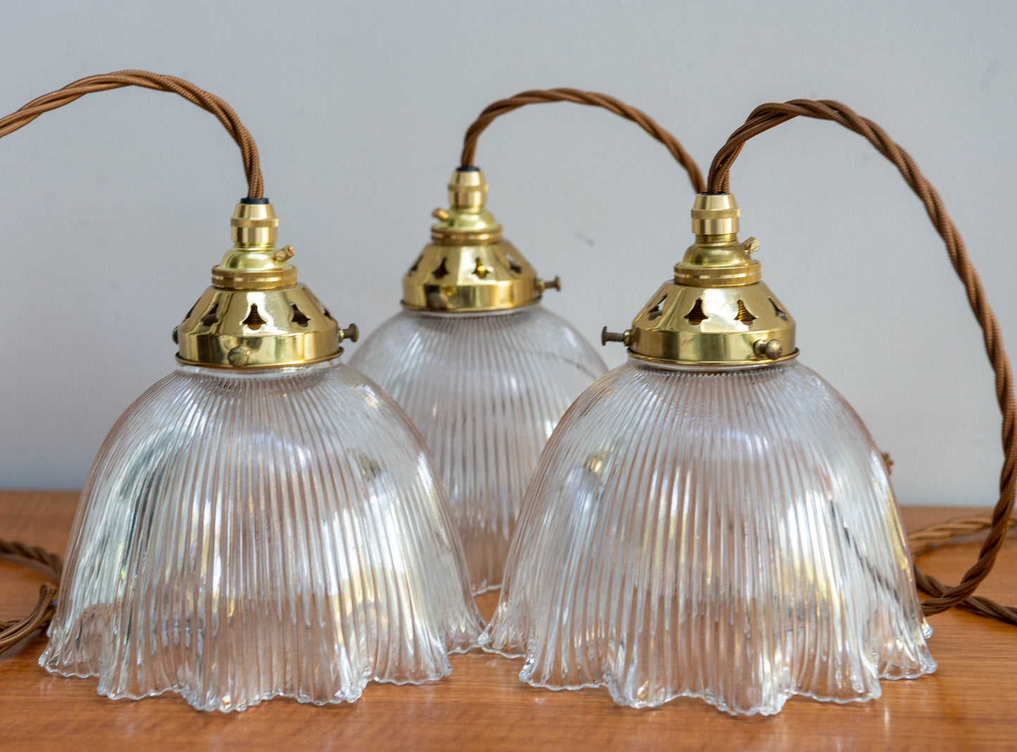 Holophane Glass Pendants with original Brass Gallery. c 1930 English.