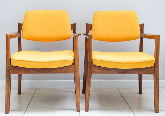 Two Arm Chairs By Jens Risom In Walnut Re Upholstered In Harris Tweed Circa 1968.