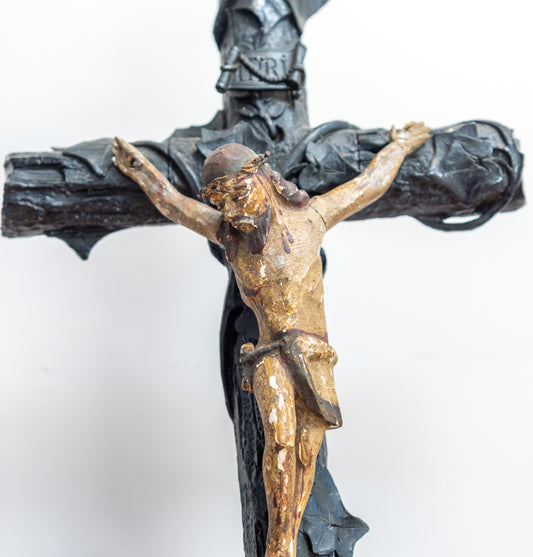 Large Antique Polychrome Carved Wooden Religious Altar Corpus Christi Crucifix. C1890