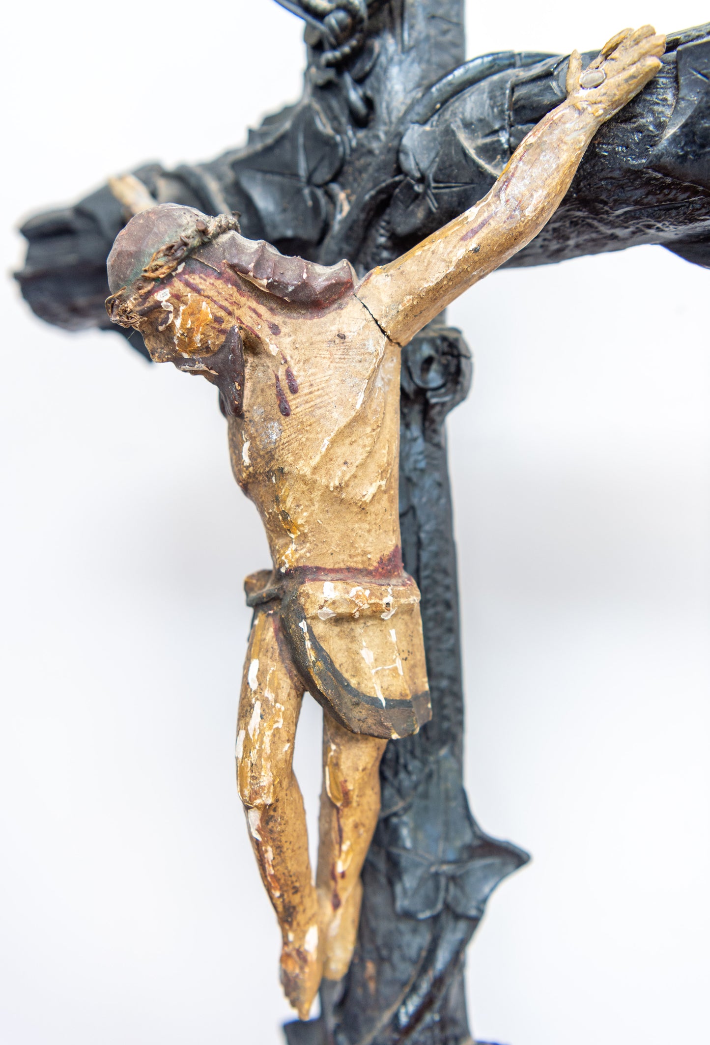 Large Antique Polychrome Carved Wooden Religious Altar Corpus Christi Crucifix. C1890