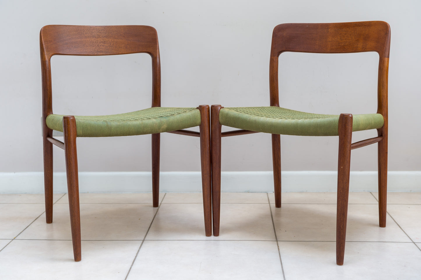 Pair Of Early Danish Teak Niels Moller 75 Dining Chairs Original Green Fabric Cord Seats