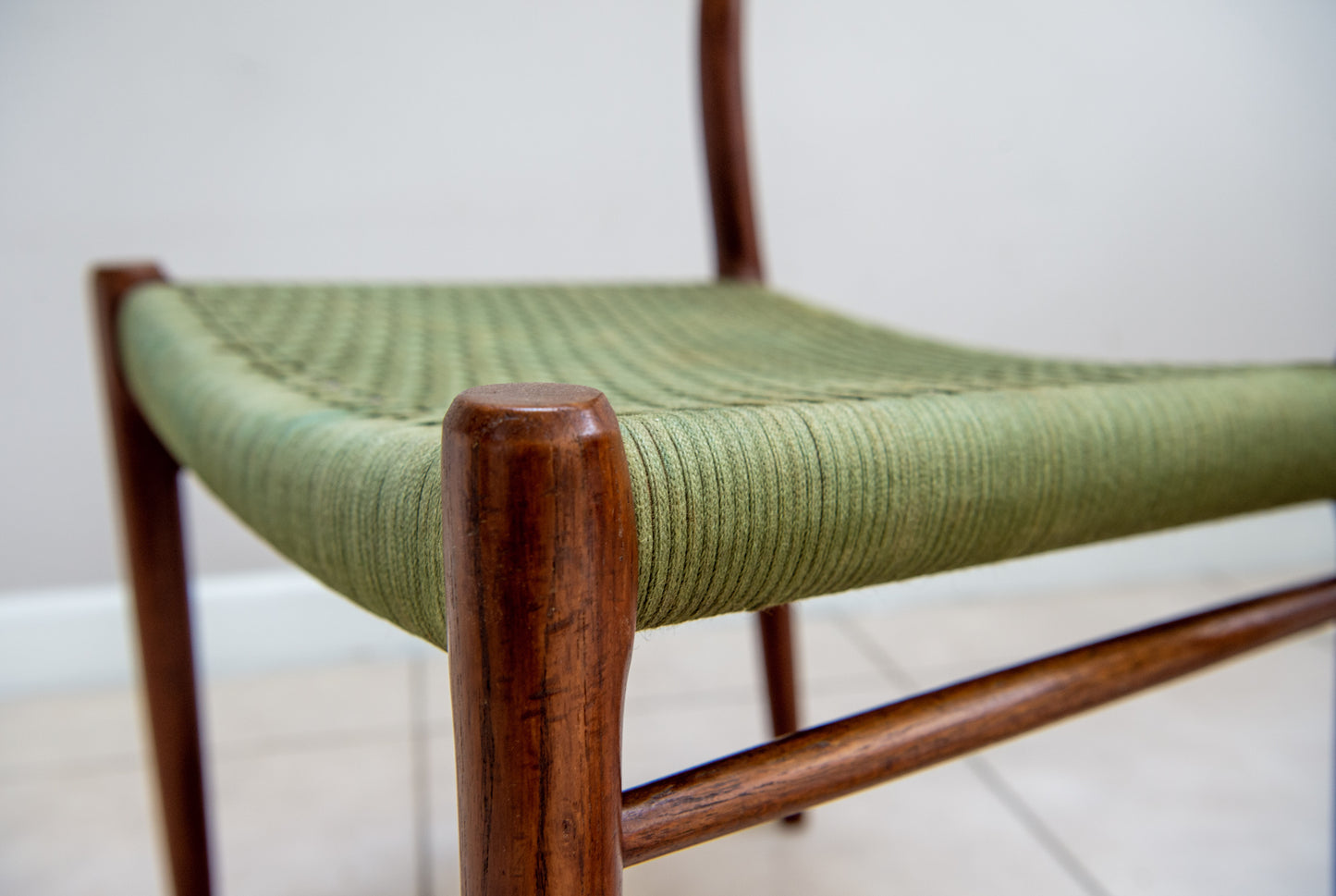 Pair Of Early Danish Teak Niels Moller 75 Dining Chairs Original Green Fabric Cord Seats