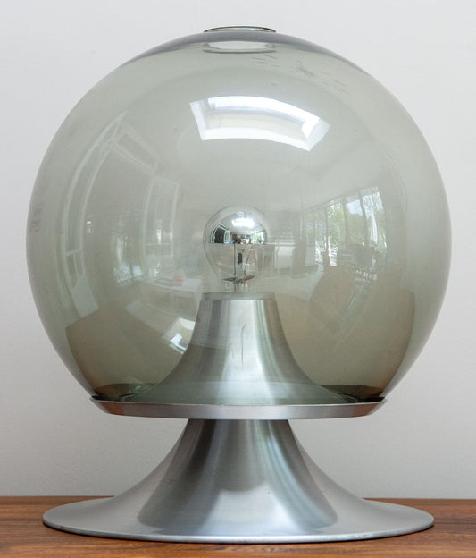 RARE ! 1960’s DROOMEILAND (DREAM ISLAND) DESK LAMP BY RAAK. Spun aluminium and lightly smoked glass. Rarely available in this large 42cm size (Model: D-2002.00)