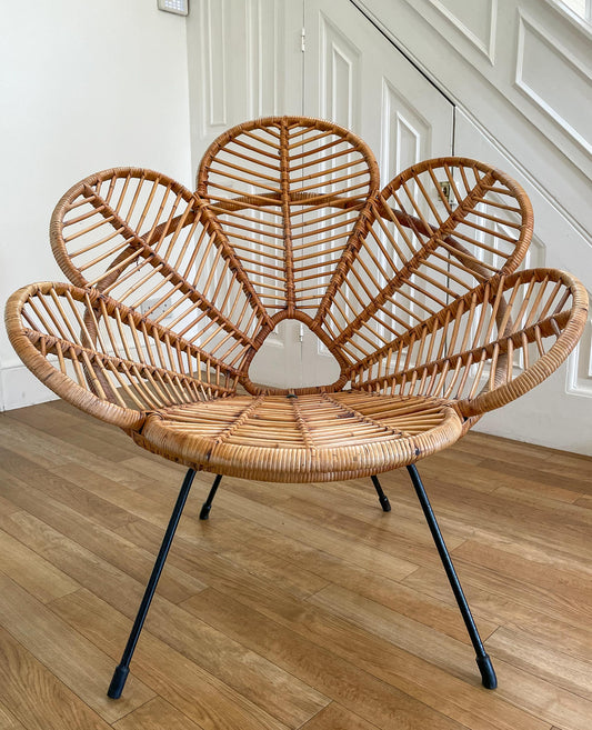 A Rarely Seen French Cane And Raffia Petal Shaped Flower Chair. 1950’S.