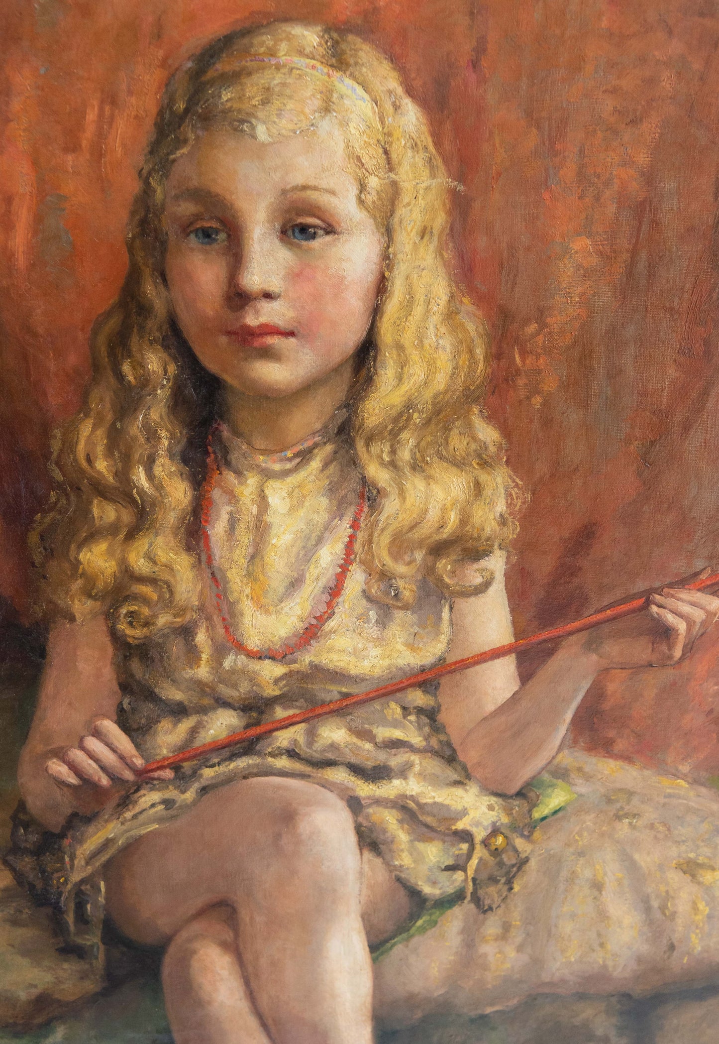 An Enchanting Early 20th century oil on canvas of a young girl with a wand.